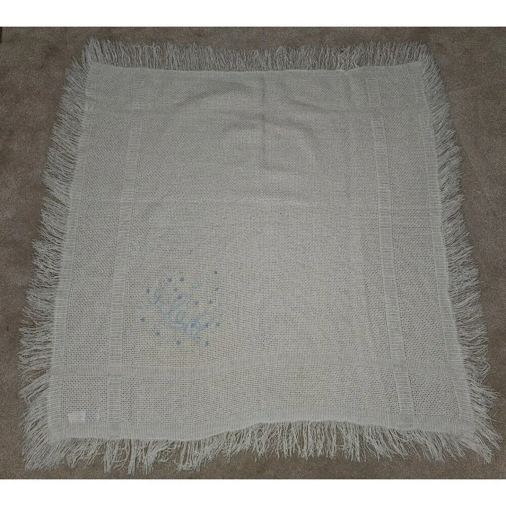 VTG First Impressions White Knit Baby Blanket Acrylic Spain Blue Bebe Stitching